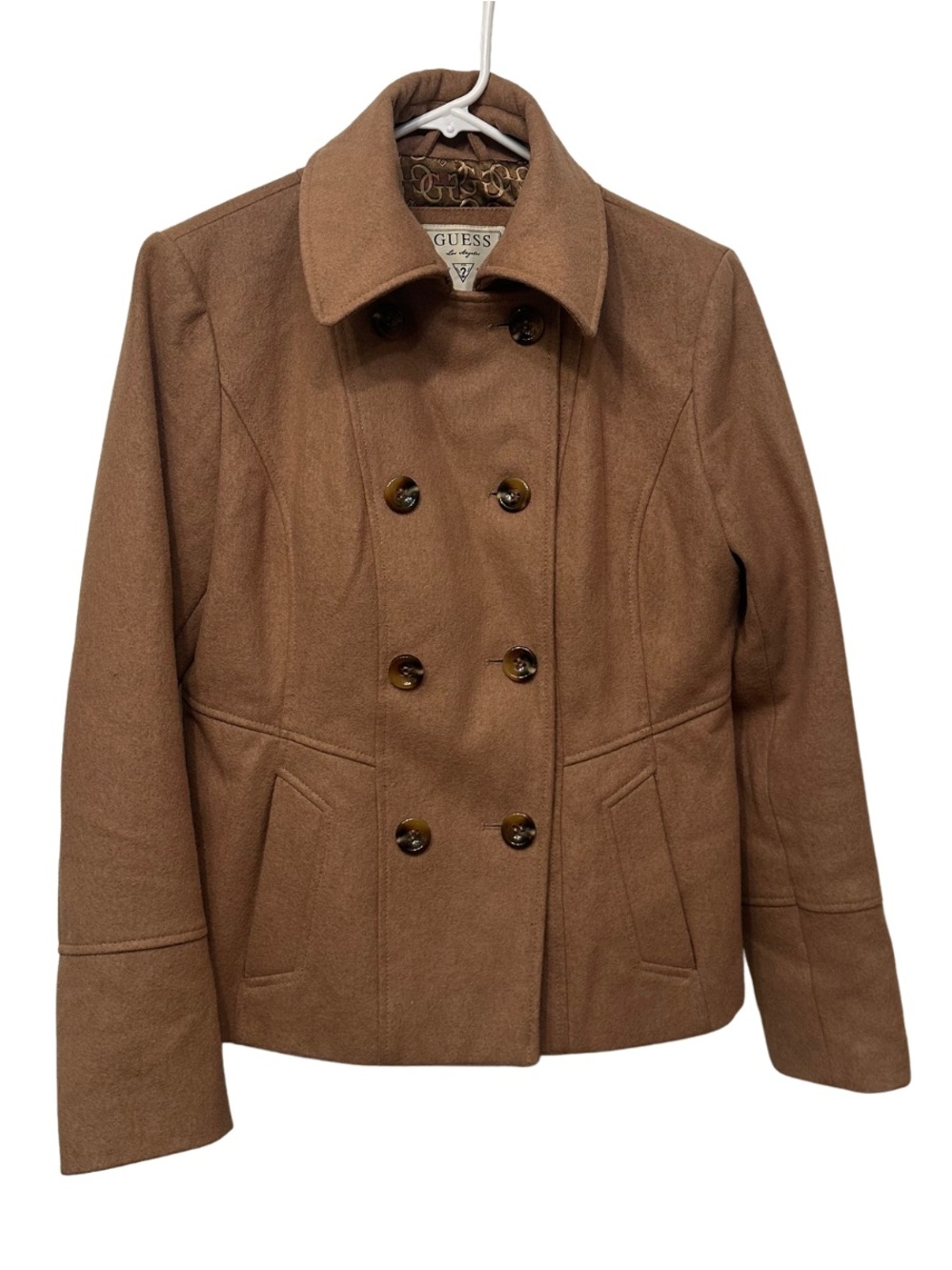 GUESS Women's Camel Brown Double-Breasted Peacoat